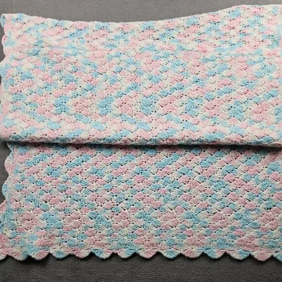 Hand Knit Crochet Blanket Baby Blue Pink White Afghan Throw 31" x 52" - Picture 4 of 6